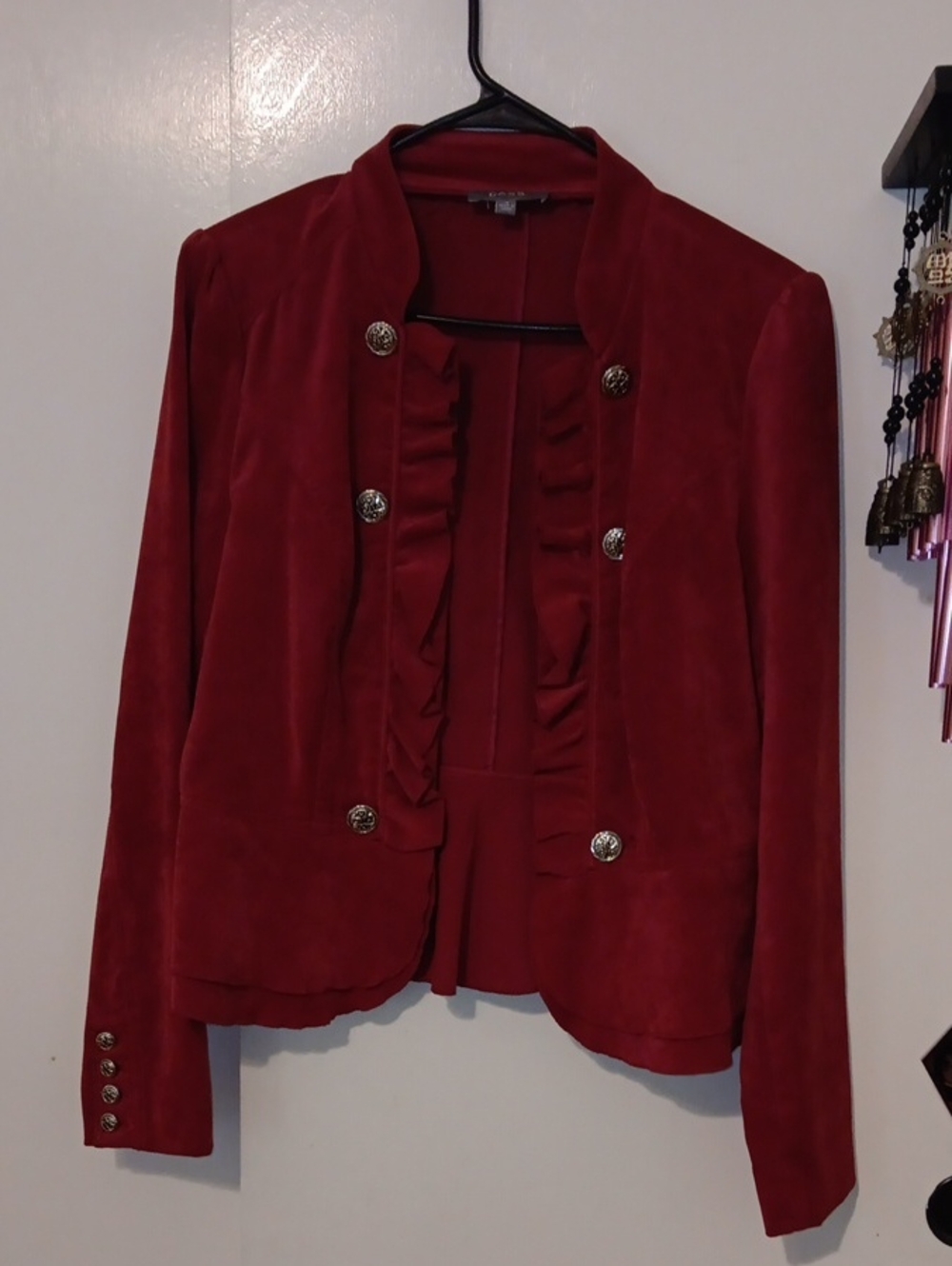 Women's Red Ruffle Front Blazer with Decorative Buttons